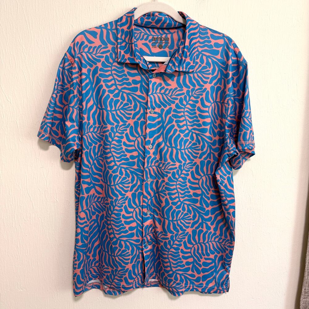 Amble Mens Viewpoint Full Button Polo L Blue Orange Sea Kelp Stretch Wicking